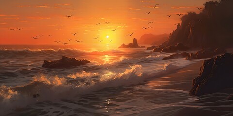 Fototapeta na wymiar AI Generated. AI Generative. Sunset seagulls sea ocean beach vacation tropic paradise exotic island trip adventure nautical romantic vibe. Graphic Art