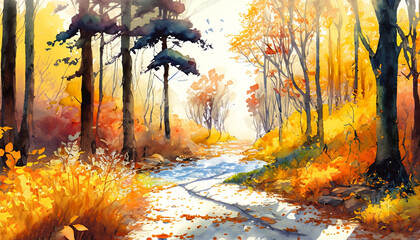 Painting path woods young autumn heavenly landscape art elegant watercolor splash beautiful canvas. Generative ai