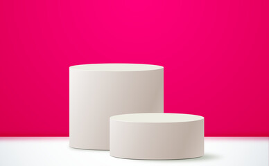 Realistic 3d cylinder pedestal podium on pink background. Pastel minimal scene. Stage for showcase, Product display
