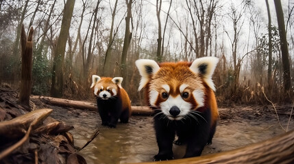 Red pandas in nature. Generative AI