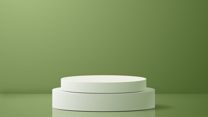 Realistic 3d cylinder pedestal podium on green background. Pastel minimal scene. Stage for showcase, Product display