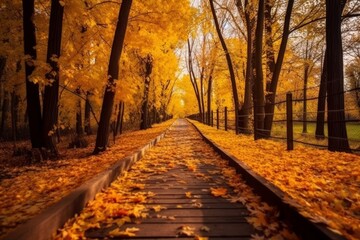 Naklejka na ściany i meble A scenic pathway surrounded by vibrant autumn foliage, showcasing the golden hues of the season. Generative Ai