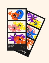 Photo booth photo cards of happy character friends, remembrance. Cartoon groovy style, abstract geometric shapes