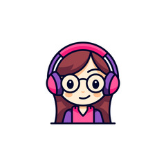 Cute baby girl in headphones portrait video gaming cyberspace esport outline icon vector flat