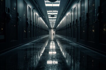 Vacant data center hallway. Generative AI