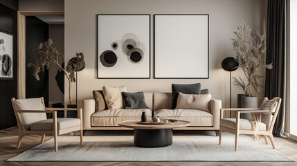 Stylish Interior with an Abstract Mockup Frame Poster, Modern interior design, 3D render, 3D illustration