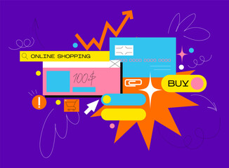 Cartoon retro 90s shopping tab frame. Memphis, funk, groove. abstract geometric ui ux backgrounds in vibrant colors