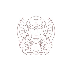 Magic mystical woman witch portrait half moon bright star minimal logo makeup beauty salon vector