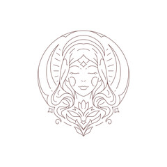 Spiritual sacred woman portrait with lotus flower and half moon line logo for spa meditation vector