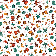 Cute, Simple, Happy and Colorful Robots in green, orange, yellow and reddish colors on a light background
