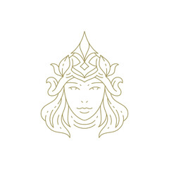 Glamour magic woman goddess portrait abstract floral headdress minimal line beauty logo vector