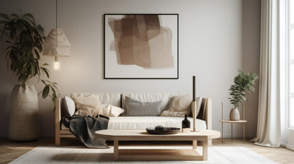 Stylish Interior with an Abstract Mockup Frame Poster, Modern interior design, 3D render, 3D illustration