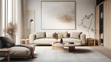 Stylish Interior with an Abstract Mockup Frame Poster, Modern interior design, 3D render, 3D illustration