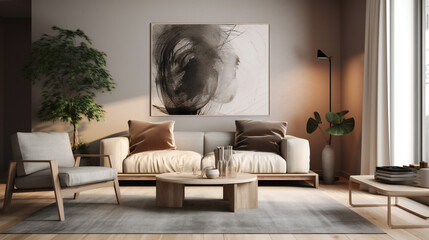 Stylish Interior with an Abstract Mockup Frame Poster, Modern interior design, 3D render, 3D illustration