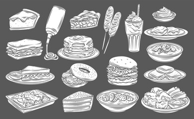 American food and drink glyph icons set vector illustration. White stamps of meal collection isolated on black, different sandwiches and hamburger, cake desserts and pancakes, soup of American cuisine