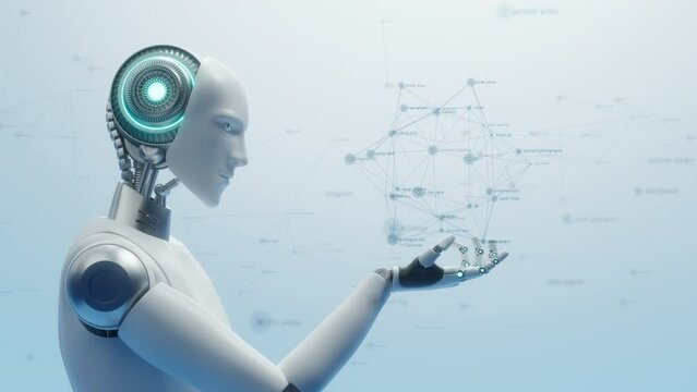 情報の海の中で思考するアンドロイド / 生成AIとプロンプトのモーションイメージ / 3Dレンダリング / An android that thinks in a sea of many words. Motion image of generative AI and prompts. 3D rendering.