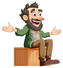 Cheerful Old Man Sitting on Wooden Box