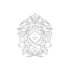 Fototapeta premium Mystery queen woman in mask curved hair and flowers minimal beauty line logo vector