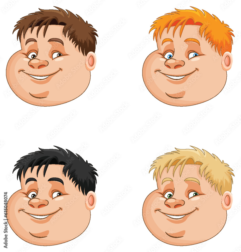 Sticker Set of chubby boy head with different hair colour