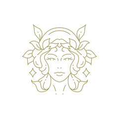 Beauty young woman portrait silhouette floral leaves hairstyle minimal line logo vector illustration