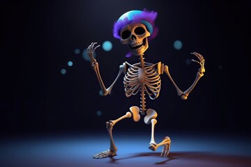 Obraz na płótnie Canvas Happy Halloween with funny skeleton cartoon character. Halloween invitation card. Bright image for a Halloween party. AI generative