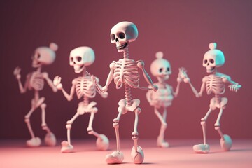 Funny group of dancing  cartoon skeletons. Halloween party invitation card. AI generative