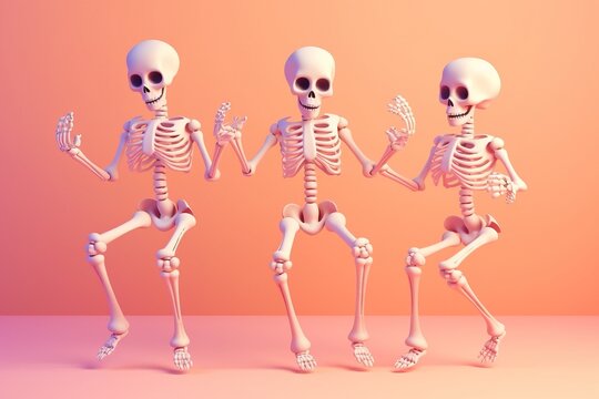 Funny group of dancing  cartoon skeletons. Halloween party invitation card. AI generative