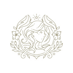 Romantic sacred woman face with bright star flowers blossom minimal line logo vector