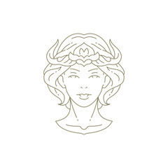 Magic woman goddess with horns premium portrait minimal line logo for beauty salon vector
