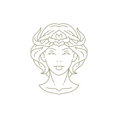 Magic woman goddess with horns premium portrait minimal line logo for beauty salon vector