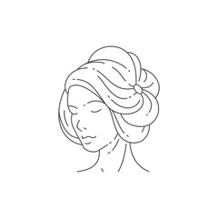 Romantic beauty woman with flower hairstyle premium black minimal line logo for hairdresser vector