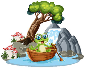 Green Frog in Waterfall Scene