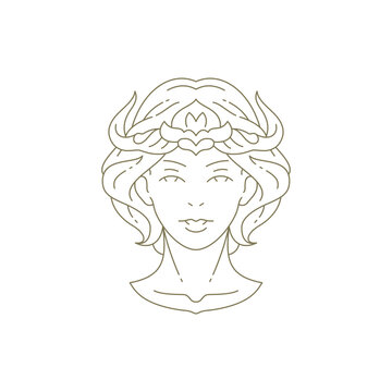Magic woman goddess with horns premium portrait minimal line logo for beauty salon vector