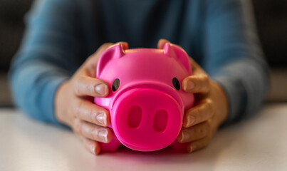 Human hand holding piggy bank, saving money wealth and financial concept, Business, finance, investment, Financial planning
