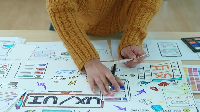 Team of Creative Web, Graphic Designer planning, drawing website ux ui app for mobile phone application and development template layout, process to developing prototype wireframe.