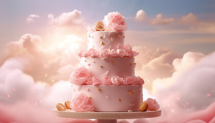 Three-tiered pink and white wedding cake decorated with rose flowers on sky clouds background. Wedding baked sweet dessert. Copy space. Banner. Ai generative