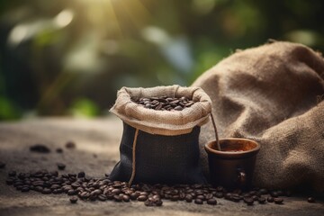Bag of Fresh Roasted Coffee Beans on Nature Background Created with Generative AI