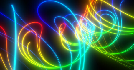 Abstract multi-colored rainbow neon energy laser lines flying on a black background