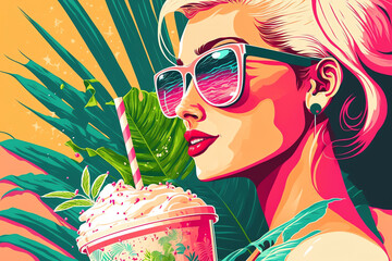 Summer girl pop art portrait retro beach fashion