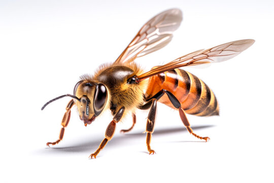 closeup image of a bee on a white background.
