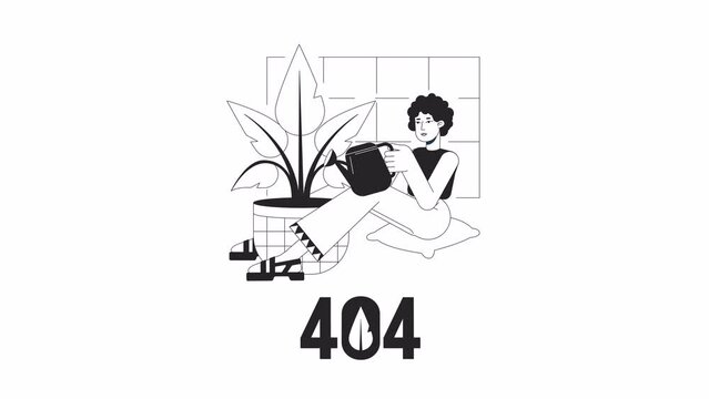 Watering plant bw 404 animation. Gardening houseplant. Empty state 4K video concept footage with alpha channel transparency. Outline monochrome page not found flash message for UI, UX web design