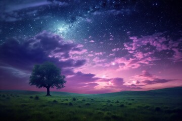 Obraz na płótnie Canvas Dark blue indigo sky meets purple cosmic sky under the spell of a starry night sky, a dreamy escape, small tree Generative AI