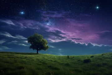 Fototapeta na wymiar Dark blue indigo sky meets purple cosmic sky under the spell of a starry night sky, a dreamy escape, small tree Generative AI