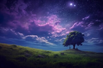 Fototapeta na wymiar Dark blue indigo sky meets purple cosmic sky under the spell of a starry night sky, a dreamy escape, small tree Generative AI