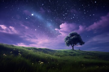 Dark blue indigo sky meets purple cosmic sky under the spell of a starry night sky, a dreamy escape, small tree Generative AI
