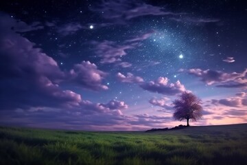 Obraz na płótnie Canvas Dark blue indigo sky meets purple cosmic sky under the spell of a starry night sky, a dreamy escape, small tree Generative AI