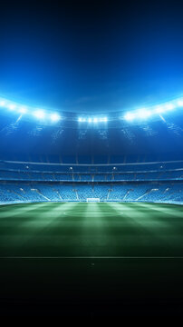 Soccer stadium grass field illuminated by spotlights and empty green soccer grass playground, arena or stadium digital background advertisement background . Generative AI