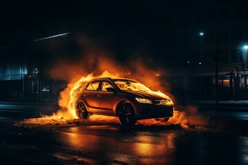 Fototapeta na wymiar Car on fire at night. Generative AI