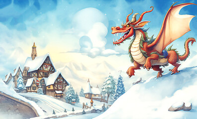Santa Dragon in winter village. Merry christmas and Happy New year concept. Illustration. Post processed AI generated image