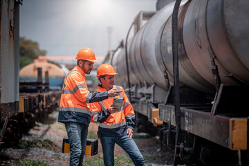 Engineer railway under inspection and checking construction railway switch and maintenance work on railroad station by blueprint and tablet .Engineer wearing safety uniform and safety helmet in work.